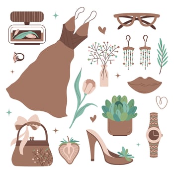 Fashion woman elements set. Dress and accessories. Elegance Fashion concept. Demonstrating colors of 2025 Mousse. Spring mood icons bag, earrings, watch, lips, flowers. flat illustration. vector