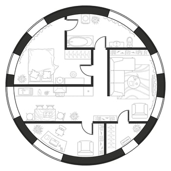 Architectural plan of round house. Professional layout with furniture in the form of a drawing. With kitchen, bedrooms, living room, dining room, bathroom. Floor plan, interior design vector
