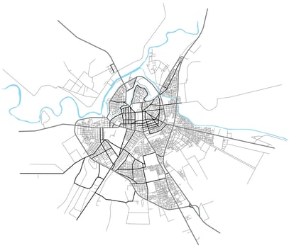 Larissa city with highways, major and minor roads, town footprint plan. City map with streets, urban planning scheme. Plan street map, road graphic navigation vector
