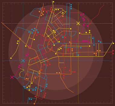 Abstract city map with location peeling markers. Determining the street layout on the radar. Transport scheme of roads. Urban background vector