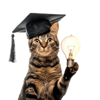 Cat wearing graduate cap and holding light bulb, full body isolate on transparency background png