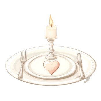 romantic dinner setting with heart shaped plate and candlelight png