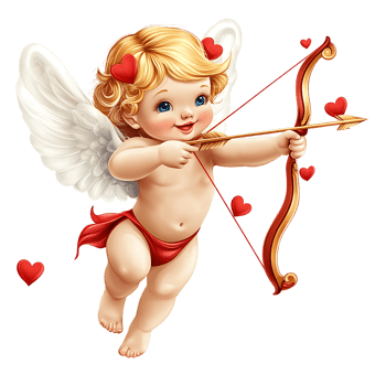 cute cherub with wings shooting arrows, surrounded by hearts png
