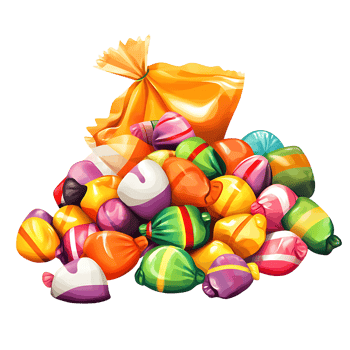 Colorful candy pile with bag, perfect for sweet treats and celebrations png