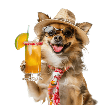 Dog holding cocktail, full body standing isolate on transparency background png