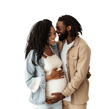 a happy pregnant couple embracing on a transparency background png