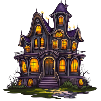 spooky, whimsical haunted house with glowing windows and intricate details png