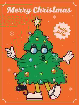 Christmas Tree With a Garland and Christmas Balls in Glasses in The Form of a Cat That Hangs on It, Groovy style vector