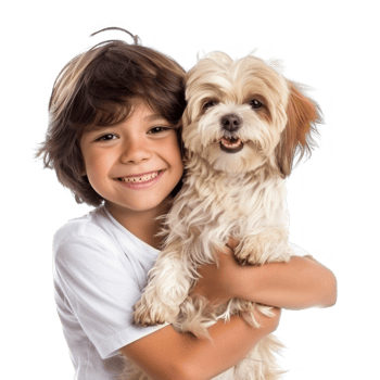 Smiling Little boy holding a Dog full body isolate on transparency background png