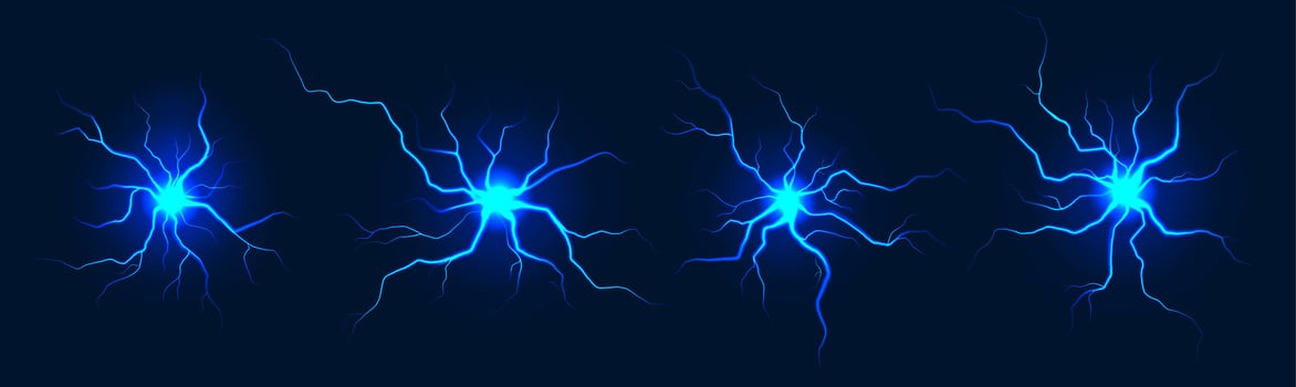 Lightning balls. Flash light thunder spark, electric blast storm or thunderbolt with radial rays. Sparking thunderbolt explosion. Plasma burst realistic set vector