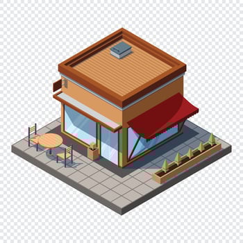 Isometric cafe building. Cafe building exterior. Cafe icon. Isometric shop or stores. illustration vector