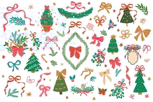 Christmas and winter holiday set on white background. Collection of bows, ribbons, Christmas tree, fir branches, berries, mistletoe. Christmas elements for invitations, cards, posters, banners. vector