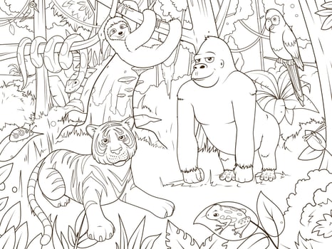 Jungle animals cartoon coloring book illustration vector