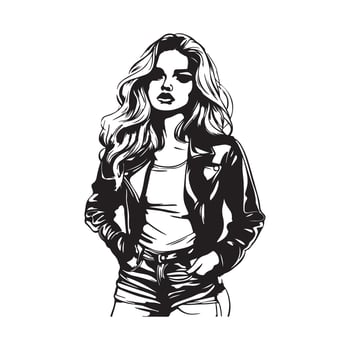 Beautiful Girl Long Hair Leather Jacket Thorns Short stock image vector