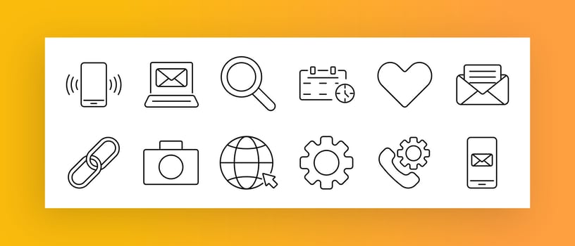 Line icons collection. Minimalistic symbols for email, phone, search, calendar, gear, camera, and internet, designed for professional interfaces and websites vector