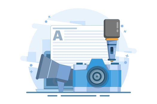 Journalist concept. Mass media news. Journalist with microphone writing article in newspaper or magazine on laptop. TV, internet and radio journalism. Flat illustration on background. vector
