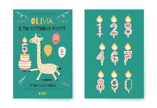 Baby Shower invitation card with space theme background template for baby girl and baby boy. Birthday party vertical template with all numbers. Giraffe with cake and candles. vector
