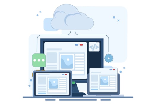 Cloud based web hosting concept, Website hosted on cloud server, Backup file upload technology on cloud server storage. Cloud hosting for websites and applications, Flat illustration. vector