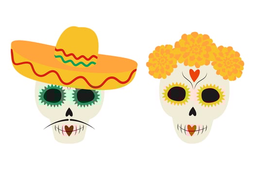Festive sculls in traditional Mexican decor and headwear. Day of the dead Cute Characters idea Set 2. Isolated illustration Thematic greeting or invitation cards or web promo leaflets, banner vector