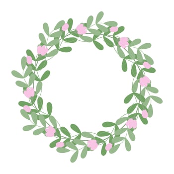 Springtime leaf sprigs and blooming floral buds Circle frame border in trendy soft green and pink. Isolated illustration Thematic cards, posting, blog or web promo banners, leaflets, label, tag vector