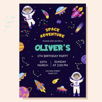 Space invitation for birthday party. Space elements and children astronauts. Poster, postcard, greeting card. vector