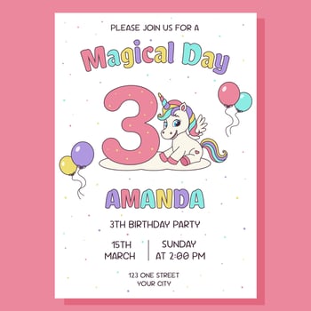 Unicorn invitation. Birthday party invitation card with unicorn and birthday anniversary number. vector