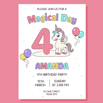 Birthday party invitation card with unicorn and birthday anniversary number. Unicorn concept.. vector