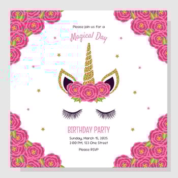 Unicorn concept. Birthday party invitation. Invitation with unicorn elements and roses. vector