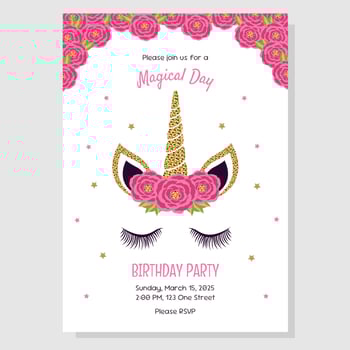 Unicorn birthday party invitation, greeting card. Invitation with unicorn elements and roses. vector