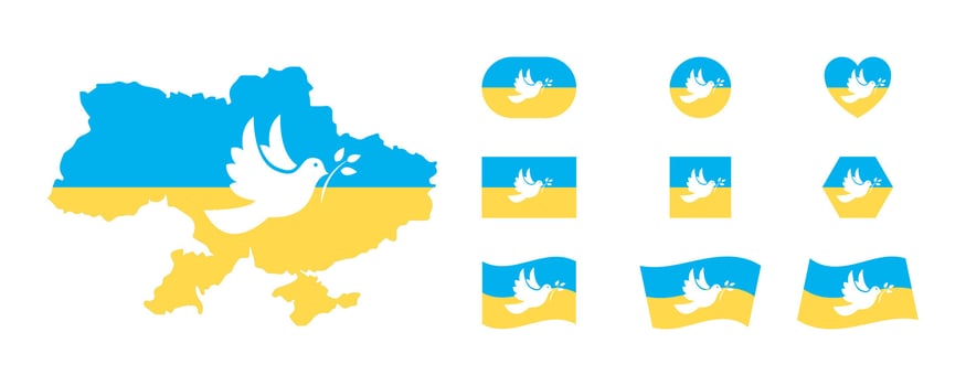 Ukraine flag with dove, peace symbol. Pray for Ukraine. Peace for Ukraine. National symbol of Ukraine. Ukrainian flag peace symbol set. Ukraine national blue and yellow flag. Ukrainian symbol vector