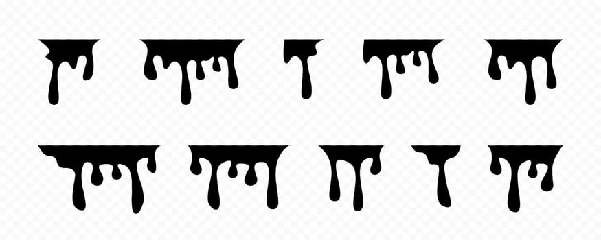 Black ink runs. Ink drop icon set. Black melt drips. Liquid paint drops. Black paint drips set. Dripping paint. Liquid drips. graphic EPS 10 vector