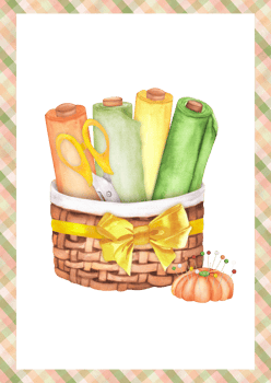 Ready-made postcard with sewing basket with fabric rolls, pincushion and scissors. Green, yellow, orange. Hand-drawn watercolor illustration png