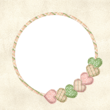 Ready-made postcard. Circle plaid frame with heart shaped pincushions. Pink polka dot, striped, plaid patterns. Beige watercolor background. Hand-drawn watercolor illustration png