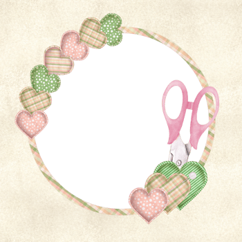 Ready-made postcard. Circle plaid frame with sewing scissors, heart shaped pincushions and pins. Pink polka dot, striped, plaid. Beige watercolor background. Hand-drawn watercolor illustration png