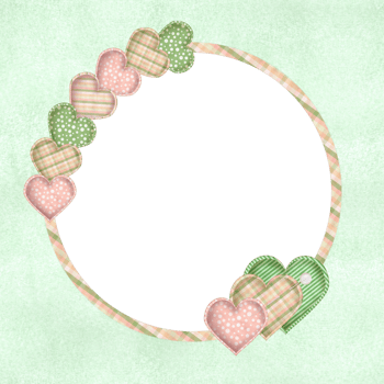 Ready-made postcard. Circle plaid frame with heart shaped pincushions and pins. Pink polka dot, striped, plaid patterns. Green watercolor background. Hand-drawn watercolor illustration png