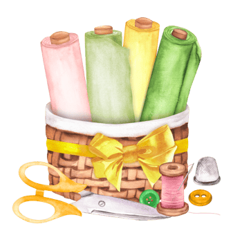 Wicker basket with pink, green and yellow fabric rolls, pin cushion, scissors, thimble, buttons. Sewing clipart. Dressmaking. Hand-drawn watercolor illustration png