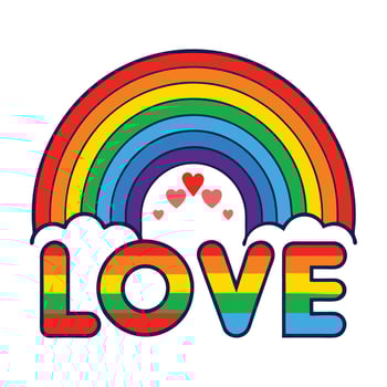 rainbow love word with hearts and clouds vector