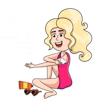 Little girl in pink swimwear applying sunscreen on hand outdoors vector