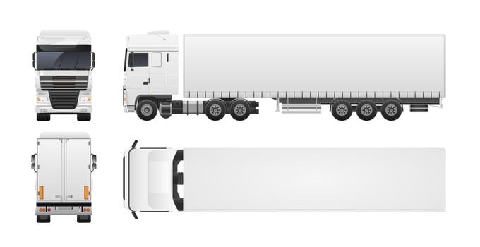 Modern truck or lorry isolated on white background. Front, back, top and side views. Commercial road vehicle, automobile shipping or delivery, cargo transportation. Realistic illustration vector