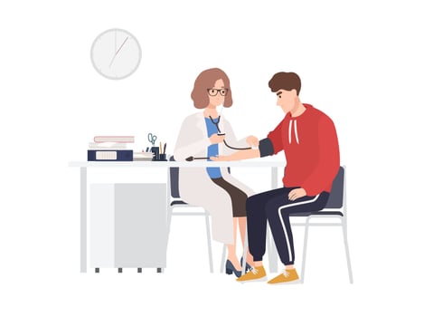 Female doctor or medical adviser sits at desk and measures blood pressure of male patient. Man at physician s office, cardiology clinic or hospital. Colorful cartoon illustration in flat style vector