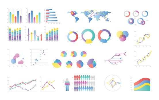 Collection of colorful bar charts, pie diagrams, linear graphs, scatter plots. Statistical and financial data visualization and representation. illustration for business presentation, report vector