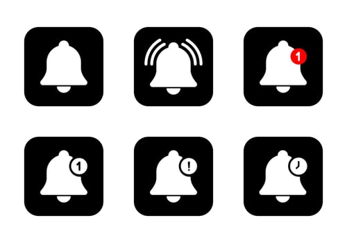 Notification bell icon set collection on black square. Alarm reminder sign symbol vector