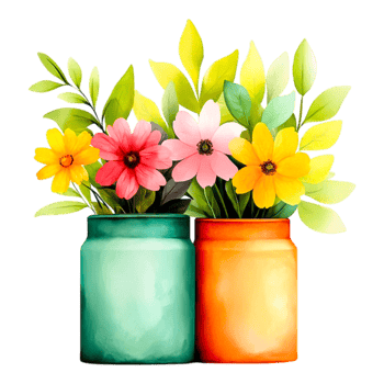Colorful Flower Arrangement in Vibrant Glass Jars with Greenery png