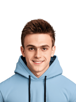 Teenage boy with spiky brown hair and hazel eyes, a playful, confident smile. He is wearing a hoodie and jeans. png