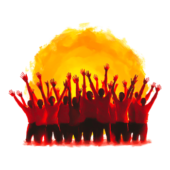 Celebratory Group Silhouette with Raised Hands against Vibrant Sunrise png