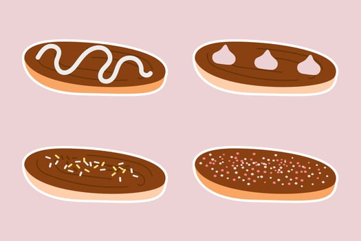 Collection stickers of eclairs pastries French cuisine desserts hand drawn vector
