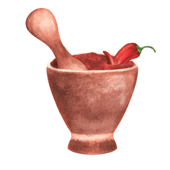Terracotta ceramic mortar with paprika powder and pestle. Kitchen clipart. Spices. Hand-drawn watercolor illustration png