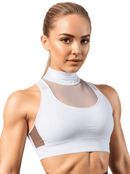 luxury white fitness crop top with a mock neck and a breathable mesh back. The top features a subtle logo png