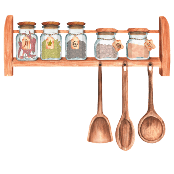 Wooden shelf with glass jars with chili, cardamom, turmeric, nutmeg. Spoons and spatula. Hand-drawn watercolor illustrations png
