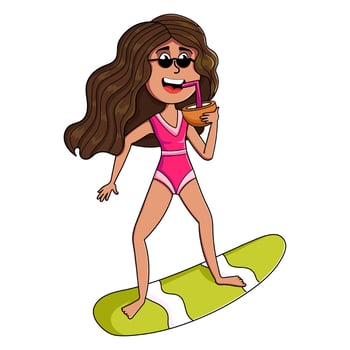 Cute African girl in pink swimsuit surfing while drinking cocktail, cartoon style vector